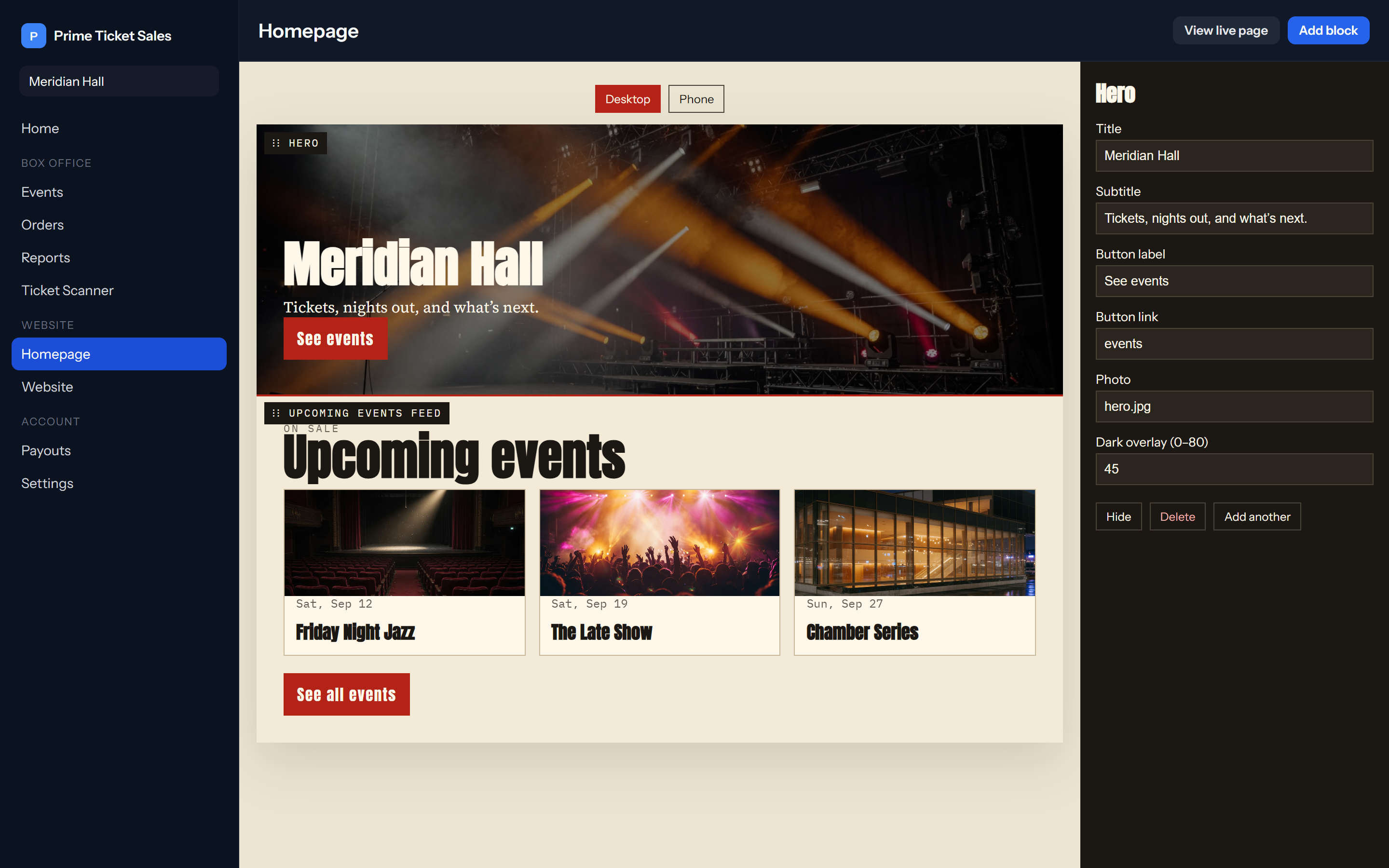 Homepage builder with live page preview and block editor